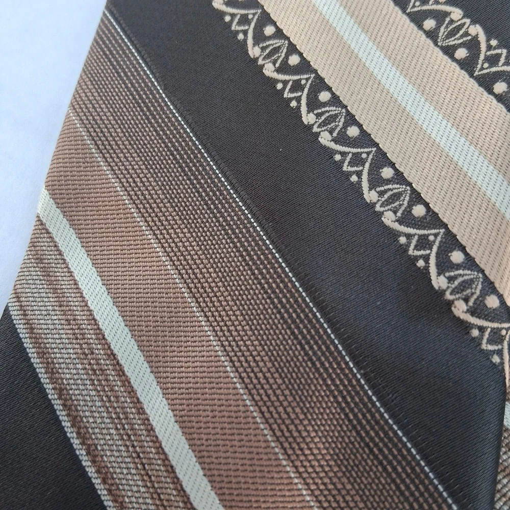 Beau Brummell Necktie Mens Brown Tan Striped Vintage Geometric Embroidered Tie